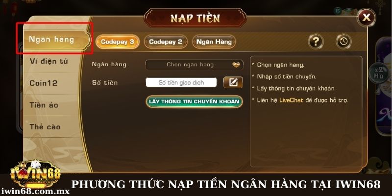 Phương thức nạp bằng ngân hàng tại Iwin68